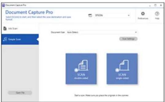 Document Capture Pro Select (CCKX) to start, and then select the new distribution and save symbol. EPSDS Preferences Help Auto Scan Sample Scan Document Size: Auto Detect Save Settings SCAN double set SCAN single set Start a scan. Make sure you place the original in the scanner.