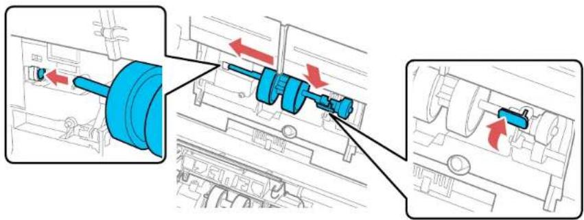 Mechanical assembly diagram showing a blue shaft and motor components with directional arrows indicating motion (no text or labels)