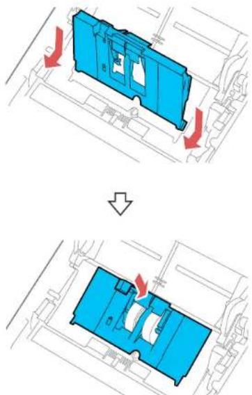 Diagram showing a blue mechanical component being processed into a lower panel, with red arrows indicating motion direction. No text or symbols present.