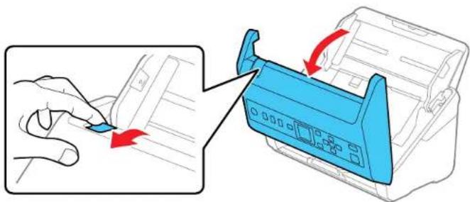 Diagram showing a hand pressing down on a printer with red arrows indicating the process, alongside a blue printer casing.