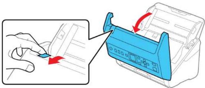 Illustration of a hand pressing down on a printer with a blue printer cover and red directional arrows indicating motion. No text or symbols.
