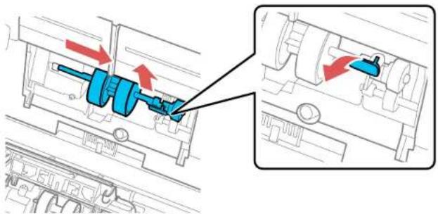 Mechanical assembly diagram showing a blue mechanical component with red directional arrows indicating motion. No text or symbols present.