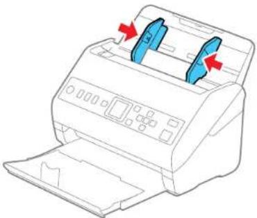 Line drawing of a printer with two blue paper clips and red arrows indicating press or scroll (no text or symbols).