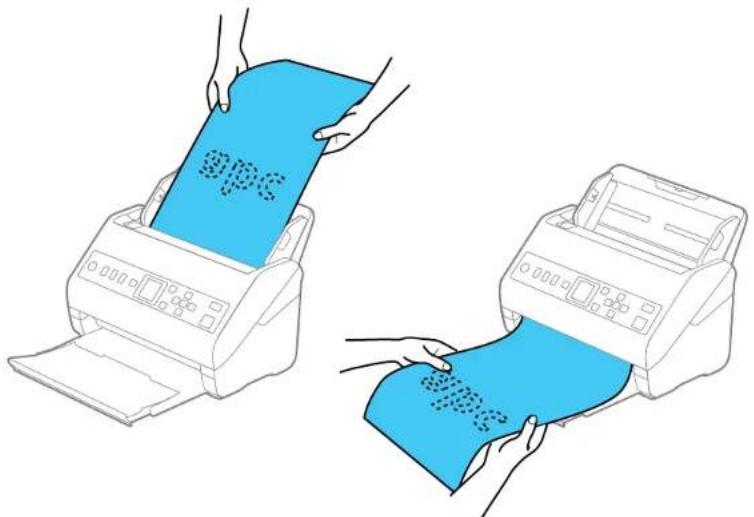 Illustration of two hands printing blue paper sheets using a printer (no text or symbols present).