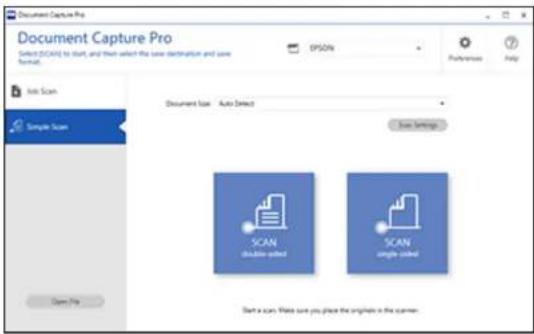 Document Capture Pro Select (DOAG) to start, and then select the save destination and save format. File Scan Simple Scan Open File Document Scan Auto Detect Save Settings SCAN dislock inserted SCAN single inserted Start a scan. Write save you place the original in the scanner.
