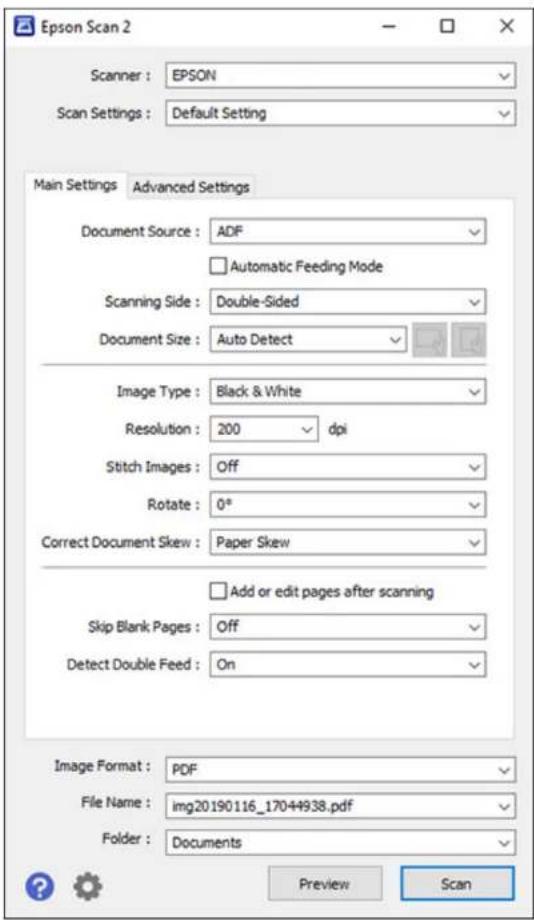 Epson Scan 2 Scanner : EPSON Scan Settings : Default Setting Main Settings Advanced Settings Document Source : ADF Automatic Feeding Mode Scanning Side : Double-Sided Document Size : Auto Detect Image Type : Black & White Resolution : 200 dpi Stitch Images : Off Rotate : 0° Correct Document Skew : P…