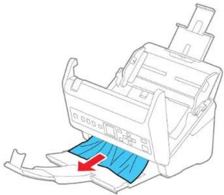 Line drawing of a printer holder with a blue cover and a red arrow indicating compression (no text or symbols).