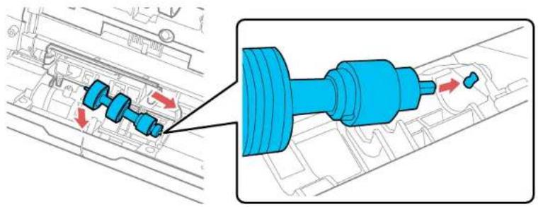 Mechanical assembly diagram showing a blue cylindrical component inserted into a mechanical housing with red arrows indicating motion direction. No text or symbols present.