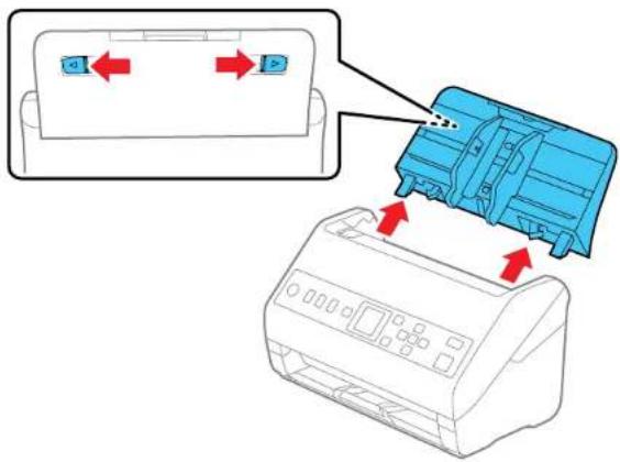 Diagram showing printer operation with labeled buttons and red arrows indicating process steps.