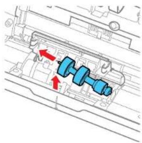 Mechanical assembly diagram showing a shaft and housing with red arrows indicating motion direction (no text or labels)