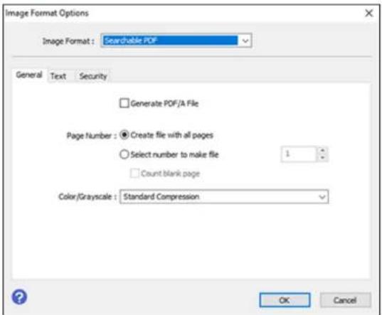 Image Format Options Image Format: Searchable PDF General Text Security Generate PDF/A File Page Number: Create file with all pages Select number to make file 1 Count blank page Color/Grayscale: Standard Compression OK Cancel