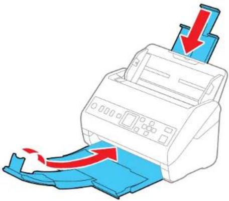 Illustration of a printer emitting a paper with red arrows indicating flow. No text or symbols.