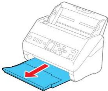 Illustration of a printer with a blue paper being inserted, showing a red downward arrow (no text or symbols present).