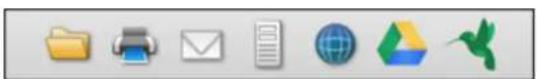 Row of six computer and email-related icons (file, printer, email, server, globe, geometric shapes, bird) without any text or labels.