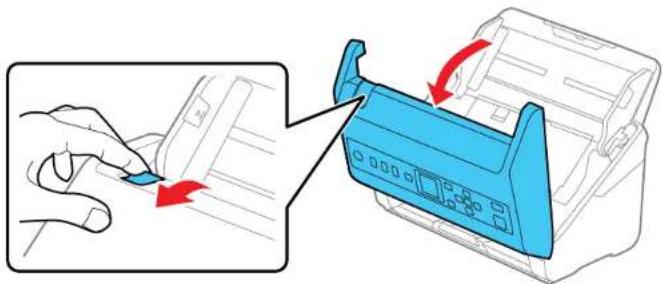 Illustration of a hand pressing down on a printer with red arrows indicating press direction (no text or symbols)