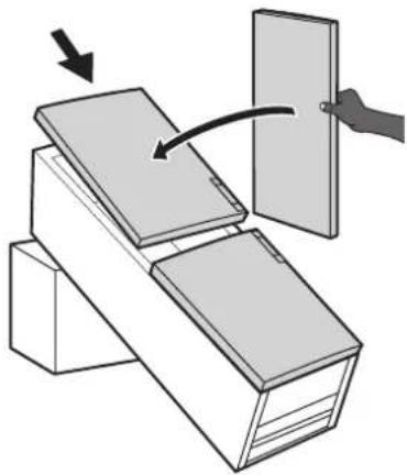 Diagram showing a hand pressing down on a stack of books into a door, with an arrow indicating the motion direction (no text or symbols present)