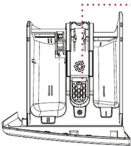 Technical line drawing of a mechanical device with internal components and mounting base (no text or symbols)