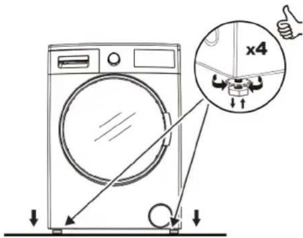Diagram showing a washing machine with a magnified view of the door mechanism, including a 4x4 ratio indicator.