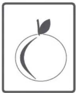 Simple line drawing of a peach with a leaf on top, enclosed in a square frame (no text or symbols)
