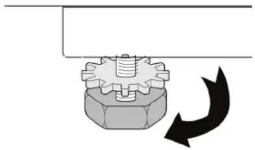 Mechanical assembly diagram showing a bolt and gear assembly with a rotating arrow (no text or symbols)