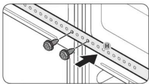 Technical diagram showing a mechanical assembly with two screws and a labeled component 'H' with an arrow indicating direction.