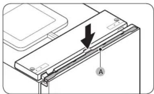Technical diagram of a mechanical assembly with a downward arrow and labeled point A (no text or symbols beyond label)