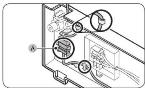 Technical diagram showing electrical connections with labeled components and a label 'A' pointing to a device.
