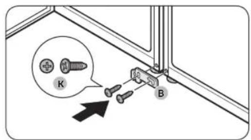 Technical diagram showing a screw installation with labeled components and a magnified inset showing a screw with plus symbol and 'K' annotation.