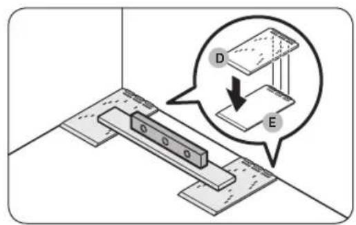 Diagram illustrating a physics experiment with labeled components D and E, showing a beam setup and a magnified view of a device.