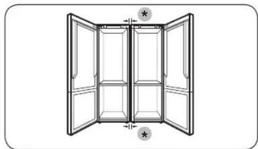 Diagram of a double-framed cabinet with open doors and internal compartments, no text or symbols present.