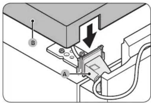 Technical diagram showing mechanical assembly with labeled components A and B, including a downward arrow indicating motion or force.