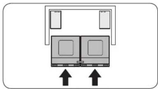 Diagram of a device with two doors and two boxes, showing bidirectional arrows indicating movement or force (no text or symbols)