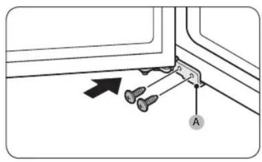 Diagram showing a mechanical assembly with two screws and a labeled component 'A' pointing to a bracket or part.