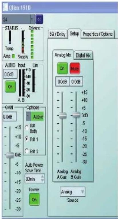 Qflex 4910 24 STATUS Tomp Amp Supply Drivers AUDIO Input 0.0dB On Lim 0.0dB -10 -20 -30 A B Gain 0.0dB Gain Mode 1 Active +15 +10 +5 0dB Edit Both Edit 1 Edit 2 Auto Power Save Time 90min Power On Analog Mix Digital Mix On Mode 0.0dB 0.0dB +15 +10 +5 0dB -5 -10 -15 -20 -25 -30 Analog A Gain Analog B Gain Analog Source