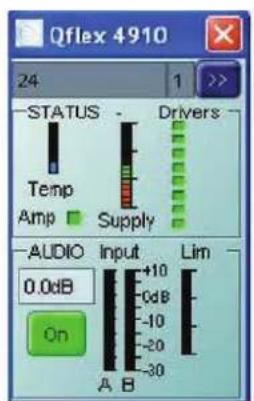 Qflex 4910 24 1 >> STATUS Temp Amp Drivers Supply AUDIO Input +10 -0dB -10 -20 -30 Lim 0.0dB On A B