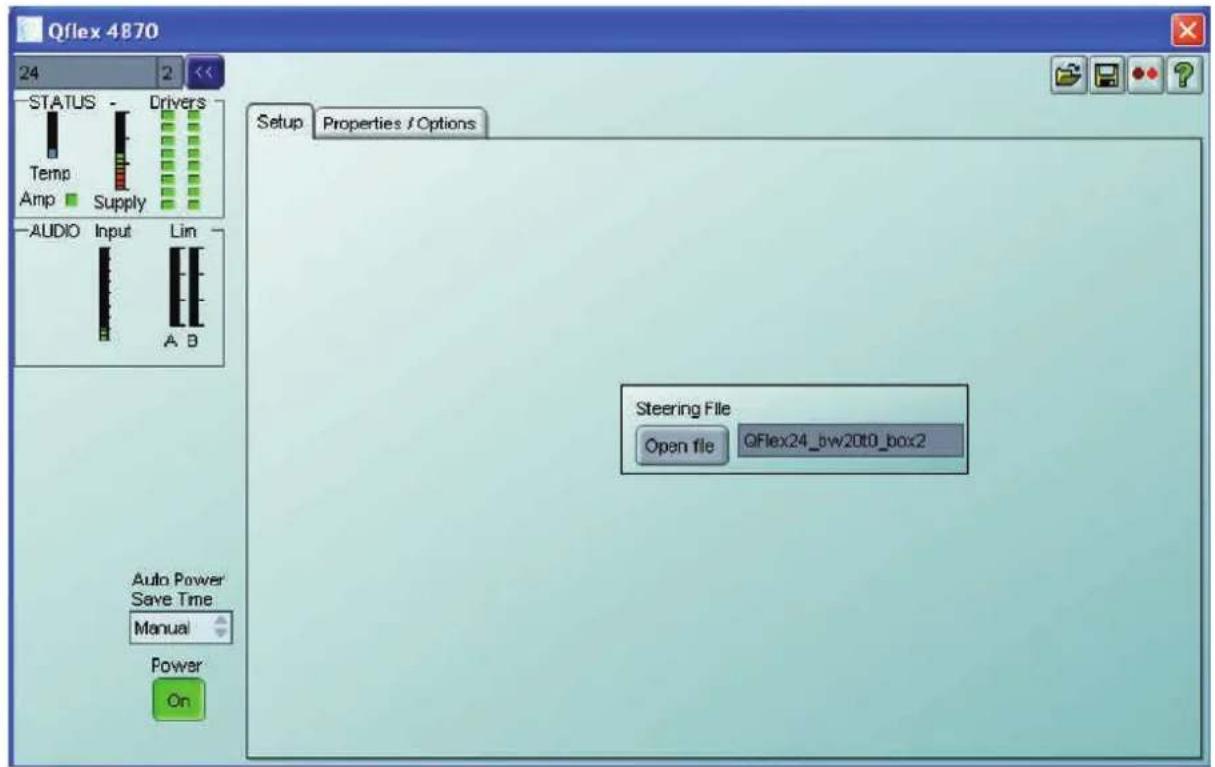 Qflex 4870 24 STATUS Temp Amp Supply Drivers -AUDIO Input Lim A B Auto Power Save Time Manual Power On Setup Properties / Options Steering File Open file QFlex24_bw20t0_box2