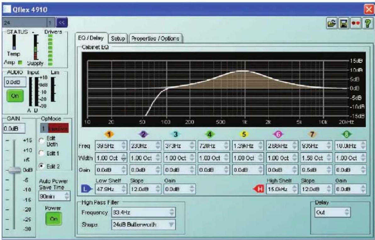 Qflex 4910 24 STATUS Temp Anip Supply Drivers Audio Input Lim 0.0dB On GAIN OpMode 1 Edit Louth Edit 1 Edit 2 Auto Power Save Time 90min Power On EQ / Delay Setup Properties / Options Cabinet EQ 15dB 10dB 5dB 0dB -5dB -10dB -15dB 10 20 50 100 200 500 1K 2K 5k 10k 20kHz 1 2 3 4 5 6 7 8 Freq 39.5Hz 230Hz 373Hz 720Hz 1.39kHz 2.68kHz 935Hz 10.0kHz Width 1.00 Oct 1.00 Oct 1.00 Oct 1.00 Oct 1.00 Oct 1.58 Oct 1.00 Oct Gain 0.0dB 0.0dB 0.0dB 0.0dB 0.0dB 0.0dB 9.5dB 0.0dB Low Shelf Slope Gain High Shelf Slope Gain L 47.9Hz 12.0dB 0.0dB H 15.0kHz 12.0dB 0.0dB High Pass Filler Frequency 83.4Hz Shape 24dB Butterworth Delay Out