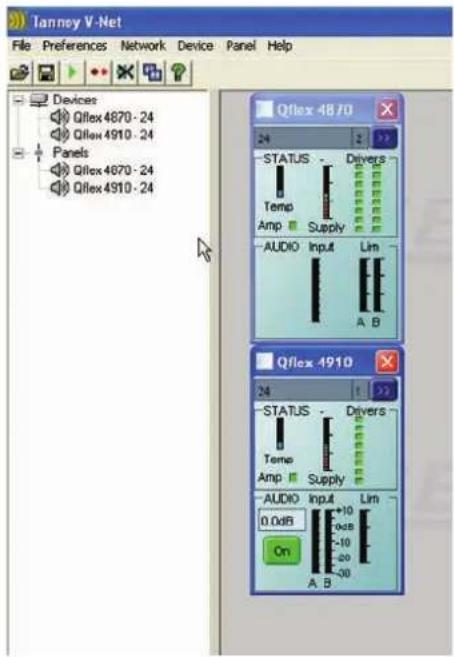 Tanney V-Net File Preferences Network Device Panel Help Devices Qflex 4670 - 24 Qflex 4910 - 24 Panels Qflex 4670 - 24 Qflex 4910 - 24 Qflex 48 F0 STATUS Drivers Temp Supply Amp AUDIO Input Lim A B Qflex 4910 STATUS Drivers Temp Supply Amp AUDIO Input Lim 0.0dB On A B