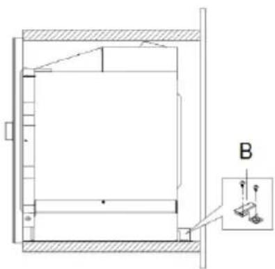 Technical line drawing of a mechanical assembly with labeled component B (no text or symbols present).