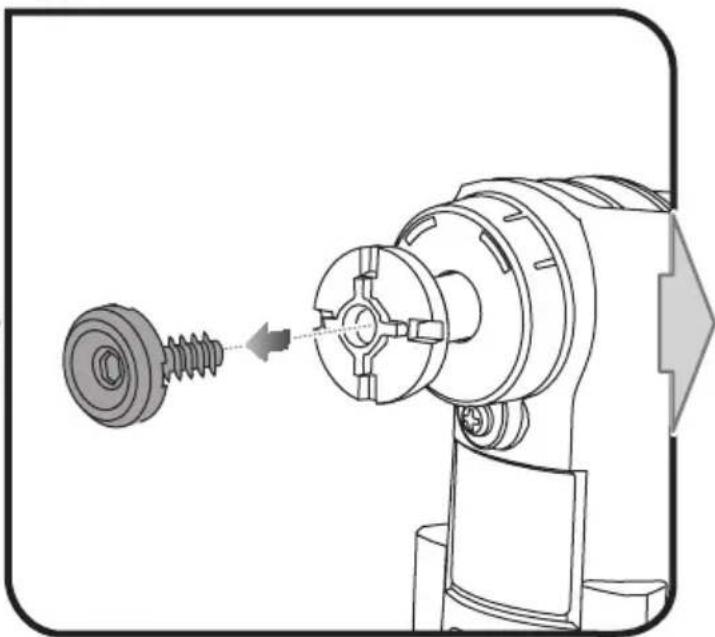 Technical illustration of a mechanical assembly with a screw and shaft, showing motion direction (no text or symbols)