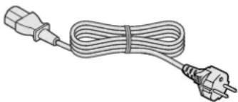 Line drawing of a cord with two different types of electrical plugs (no text or symbols)