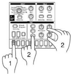 Diagram showing hands interacting with a device interface with labeled buttons and control panels