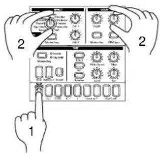 Diagram showing two labeled panels (1 and 2) with hand gestures pointing to control buttons and display screens.