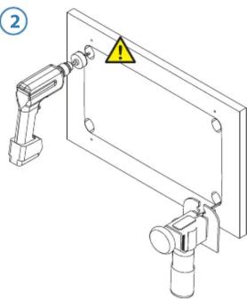 Technical diagram showing a mechanical assembly with labeled components and warning symbol