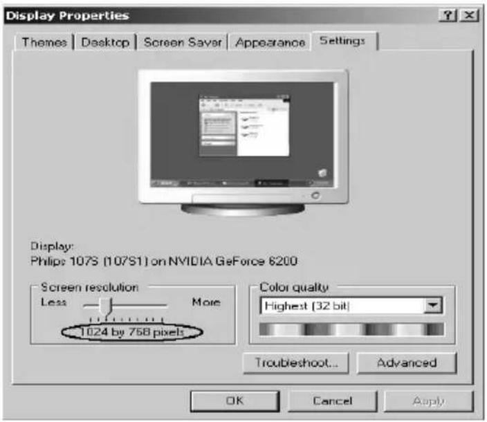 Display Properties Themes Desktop Screen Saver Appearance Settings Display: Philips 107S (107S1) on NVIDIA GeForce 6200 Screen resolution More Less 1024 by 758 pixels Color quality Highest (32 bit) Troubleshoot... Advanced OK Cancel Apply