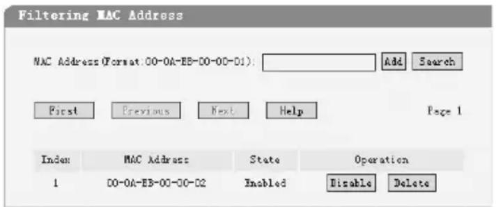 Filtering MAC Address MAC Address (Format:00-0A-EB-00-00-01): Add Search First Previous Next Help Page 1 Index MAC Address State Operation 1 00-0A-EB-00-00-02 Enabled Disable Delete