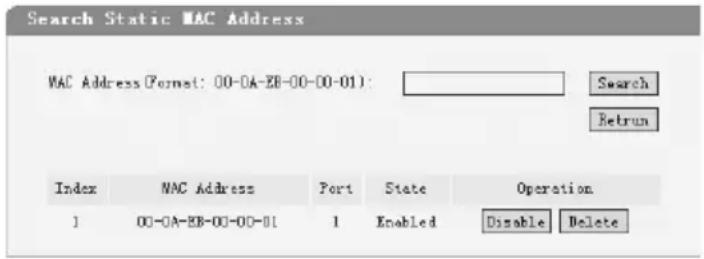 Search Static MAC Address MAC Address (Format: 00-0A-ZB-00-00-01): Search Return Index MAC Address Port State Operation 1 00-0A-ZB-00-00-01 1 Enabled Disable Delete