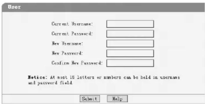 User Current Username: Current Password: New Username: New Password: Confirm New Password: Notice: At most 15 letters or numbers can be held in username and password field Submit Help