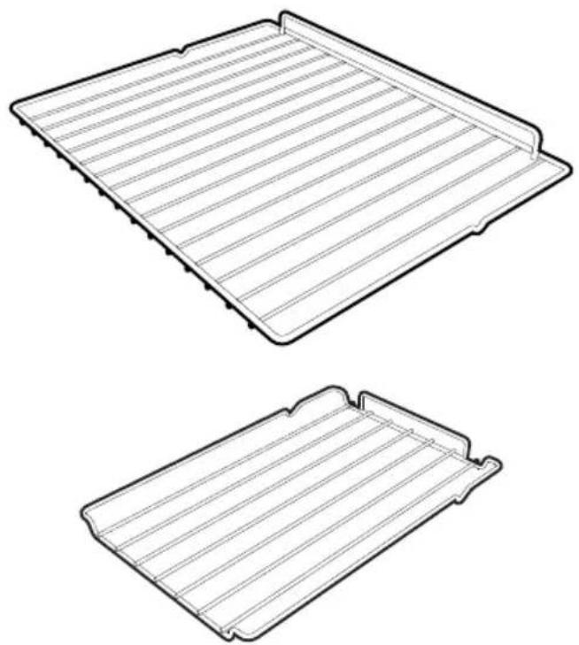 Three technical line drawings of a rectangular metal tray or rack structure with parallel grooves.