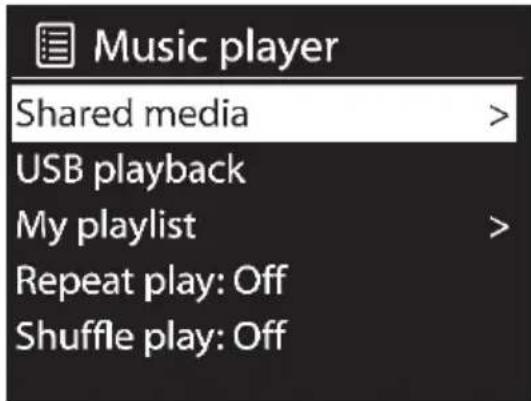 Music player Shared media > USB playback My playlist > Repeat play: Off Shuffle play: Off